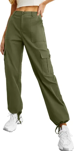 Vista 6 de Lepunuo Pantalones cargo de cintura alta para mujer, pantalones de viaje Y2K Streetwear holgados elásticos con 6 bolsillos con cordón en los tobillos