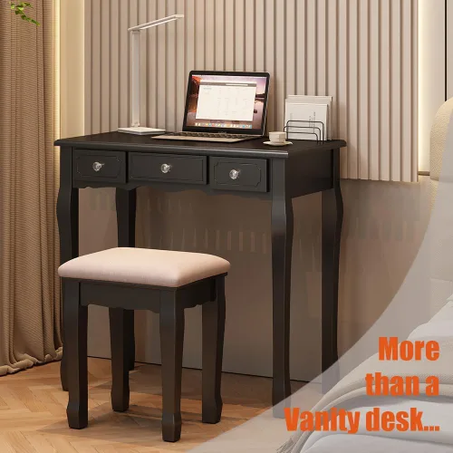 Vista 10 de BLEXA Escritorio negro con espejo y luces, tocador con juego de silla