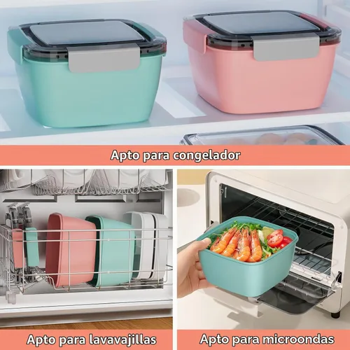 Vista 4 de Cherrysea Lonchera para ensalada, paquete de 2 tazones con 3 compartimentos, a prueba de fugas con tenedor y contenedor de salsa - Verde+Rosa