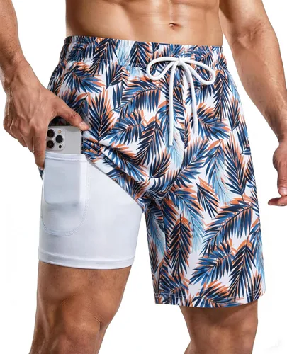 Vista 8 de Bañador para hombre con forro de compresión de 7 pulgadas B-rayas azul-blancas