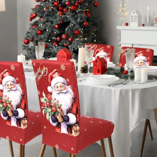 Vista 6 de Weldomcor Juego de 6 fundas elásticas para sillas de comedor de Navidad, fundas protectoras rojas para asiento de cocina, decoraciones de elastano