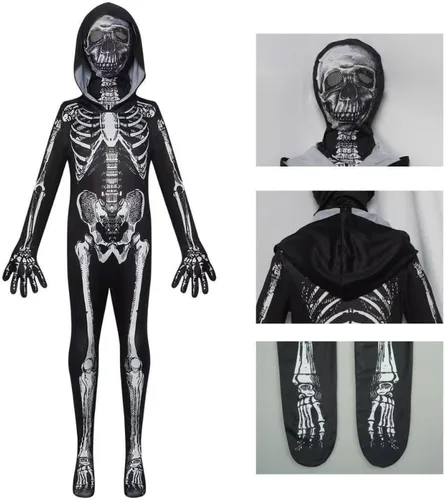 Vista 4 de Traje Zentai con capucha de esqueleto de Halloween, disfraz de cuerpo completo de elastano para fiesta de cosplay