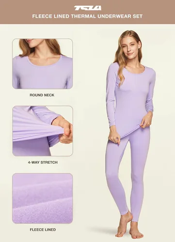 Vista 4 de TSLA Conjunto de ropa interior térmica para mujer, vellón suave, pantalones largos, primera capa cálida para invierno, parte superior e inferior
