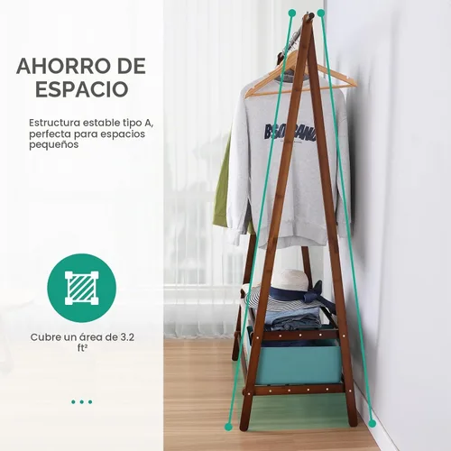 Vista 7 de Jotsport Estante de ropa de bambú con estante de almacenamiento de 2
