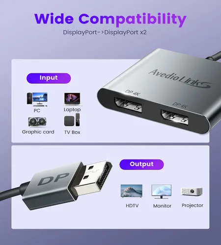 Vista 8 de Adaptador divisor Displayport a Dual Displayport 4K @60Hz, adaptador divisor DP 1.4 1 en 2 salidas SST/MST pantalla extendida compatible con PC