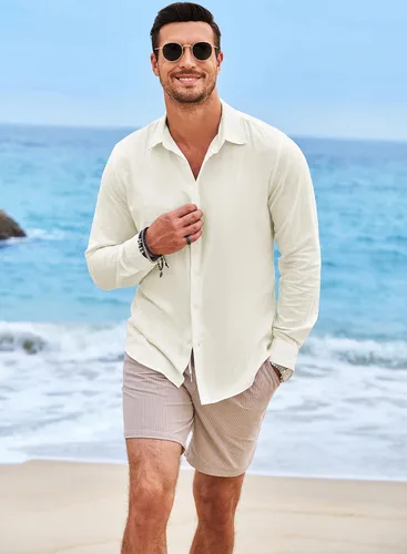 Vista 3 de JMIERR Camisas de lino para hombre, camisas casuales de playa de manga larga con botones