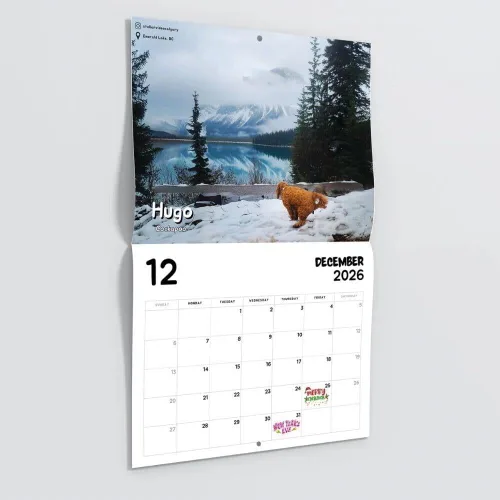 Vista 2 de Calendario 2026 de Perros en Cuclillas en Lugares Hermosos - Regalo Broma Navideño de Intercambio Elefante Blanco
