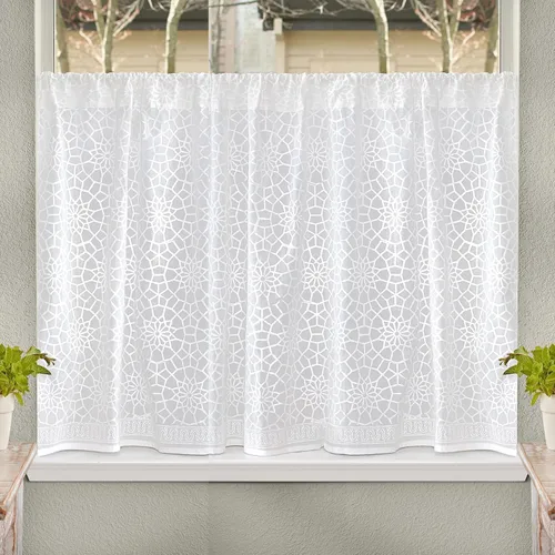 Vista 17 de Cortinas de algodón de media cocina para ventanas pequeñas, baño y café, estampado a mano en bloque, velo de novia blanco, diseño bohemio moderno