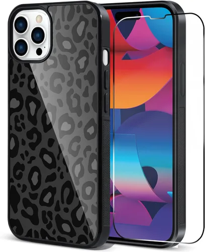 Vista 60 de TEAUGHT Compatible con iPhone 11 Funda con patrón lindo estampado de leopardo negro guepardo + protector de pantalla a prueba de golpes, funda