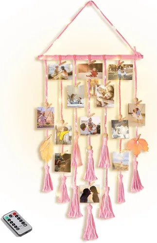 Vista 14 de Homecor Decoración de pared colgante de macramé negro, decoración bohemia para habitación, collage de marcos de fotos con luz remota, 30 clips