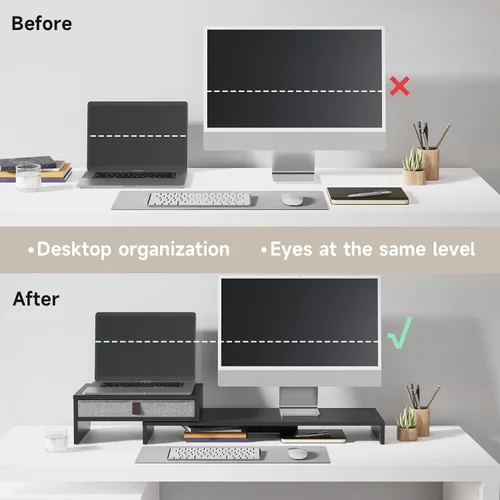 Vista 7 de Fenge - Soporte elevador para monitor de computadora con cajón para 2 o 3 monitores, soporte de escritorio ajustable en longitud y ángulo para Negro