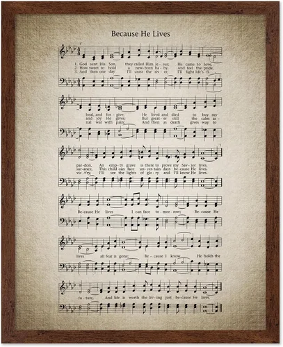 Vista 21 de Monem Art - Póster de partitura de música vintage, impresión de himno retro, regalo para músico, amigo, porque él vive, himno, verso, inspirador