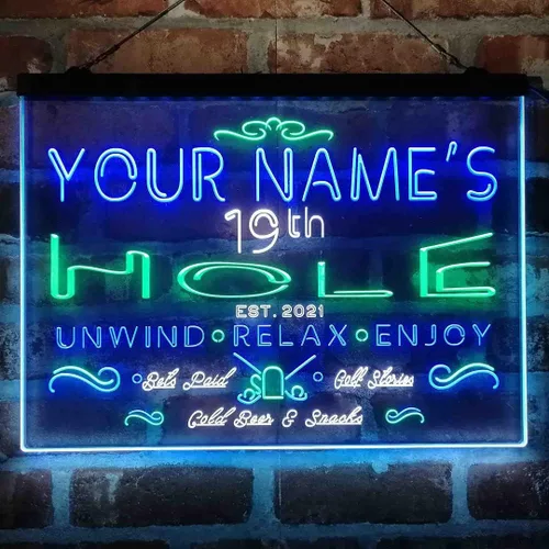 Vista 20 de Personalized 19th Hole Golf Club Tri-Color LED Neon Light Sign Customize Name Date Text Quote Font Green & Red & Yellow 13 x 8.7 Inches