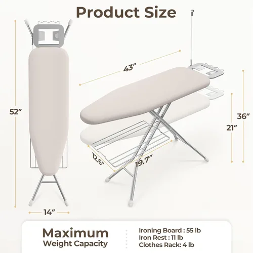 Vista 3 de Yaheetech Tabla de planchar, tabla de planchar compacta con soporte para cable, soporte para plancha de vapor y bandeja de almacenamiento inferior