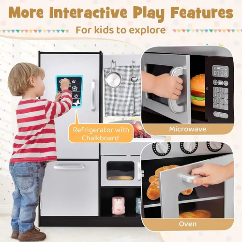 Vista 4 de Honey Joy - Juego de cocina para niños - Cocina de juguete de madera con microondas, estufa, fregadero, grifo, cortina, alacena y estante, regalo