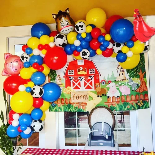 Vista 3 de Kit de guirnalda de arco de globos de vaca de 138 piezas, decoraciones de fiesta de animales de Red Yellow Blue Green Animal Print Balloons, for