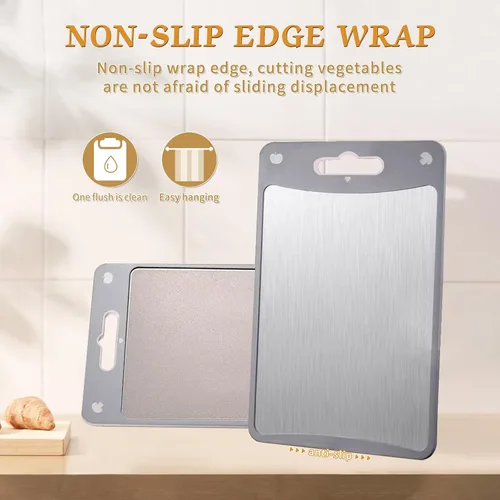 Vista 9 de Tabla de cortar de doble cara, tabla de cortar de acero inoxidable para cocina, grado alimenticio, acero inoxidable y paja de trigo PP, tabla