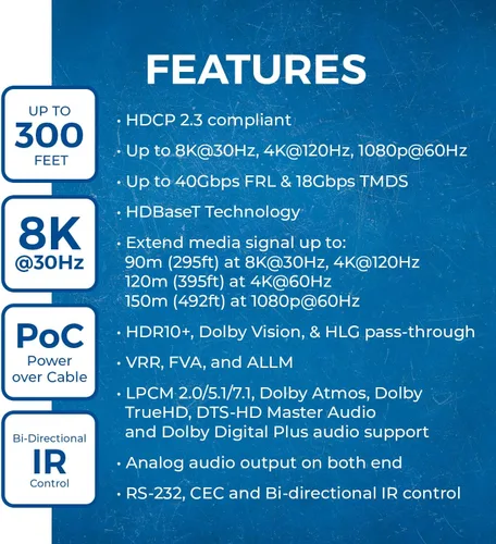 Vista 9 de Extensor HDMI OREI 8K@30Hz Balun HDBaseT 300ft - VRR, HDR, CEC, IR, RS-232 Extensor HDMI 4K, HDBaseT 4K 120Hz - 40Gbps FRL, Dolby Vision, HLG