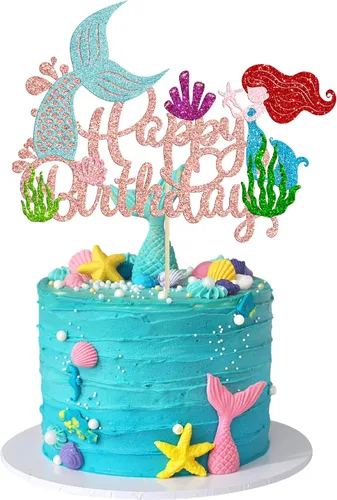 Vista 11 de Gyufise 1 pieza de decoración de pastel de sirena de feliz cumpleaños con purpurina de animales del océano, conchas marinas, cola de sirena
