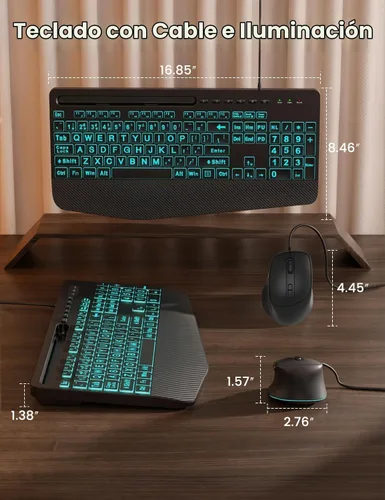 Vista 9 de Combo de teclado y mouse con cable, retroiluminación de impresión grande, reposamuñecas ergonómico, 6 DPI RGB para PC/Windows, ideal para personas