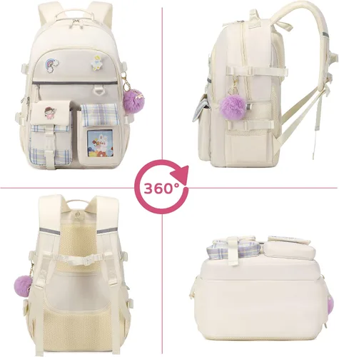 Vista 6 de Mochila para niñas de 15.6 pulgadas para laptop, bolsa escolar para niños de primaria y universidad, mochilas y bolsos escolares para niñas Beige