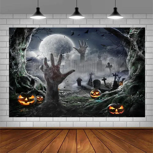 Vista 3 de SENDY Telón de fondo de fotografía de Halloween de 7 x 5 pies, suministros de decoración para fiestas de Halloween, noche de niños, luna llena
