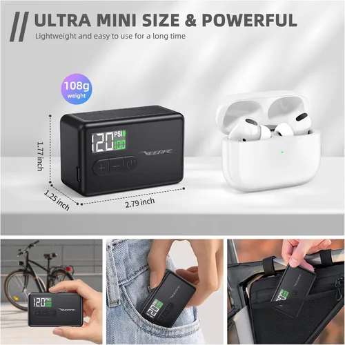 Vista 2 de Tiny Pump Mini Bike Tire Pump - Max 120PSI Portable Electric Bicycle Pump with Fast Inflation Auto Stop - Bicycle Inflator with Presta Schrader