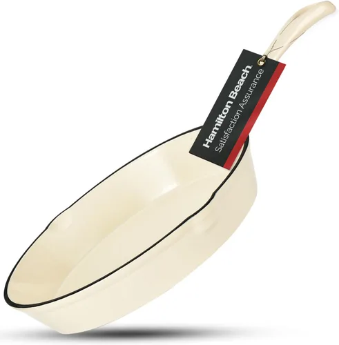 Vista 15 de Sartén de Hierro Fundido Esmaltada Hamilton Beach de 8 Pulgadas en Crema, Revestimiento Esmaltado en Crema, Sartén para Estufa y Horno