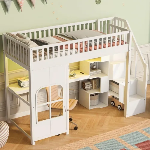 Vista 10 de Cama alta individual con escaleras de almacenamiento, escritorio, estación Negro