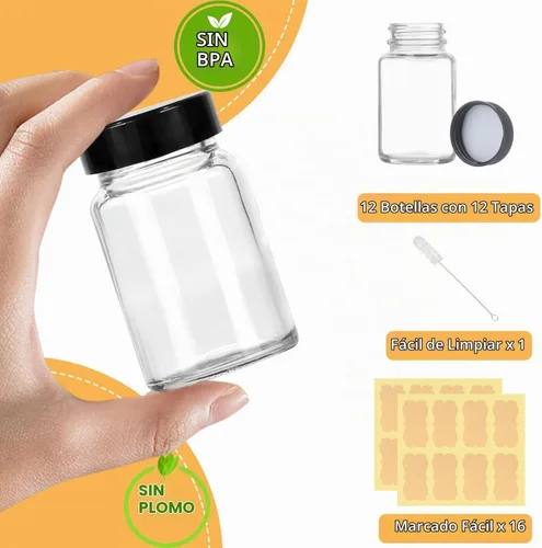 Vista 2 de Botellas pequeñas de vidrio transparente de 2 onzas con tapas, 12 botellas de boca ancha con tapas para chupitos de jengibre, jugo, poción