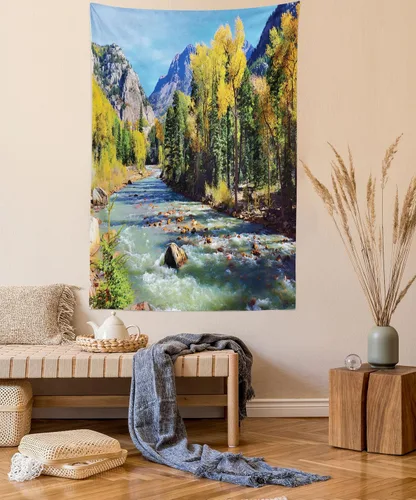 Vista 64 de Ambesonne Tapiz Trippy, vista panorámica de la cascada con bosques de ensueño y mandala oriental psicodélico, decoración de tela para colgar