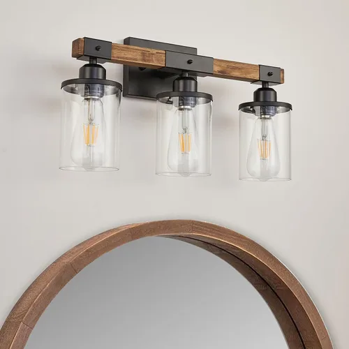 Vista 6 de Luminarias de Baño de 3 Luces, Luz de Tocador de Baño Estilo Granja Madera Rústica Industrial Vintage Negra Pequeña Lámpara de Pared Aplique sobre
