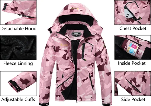 Vista 4 de MOERDENG Chaqueta de esquí para mujer, abrigo cálido de invierno Rosered Camo