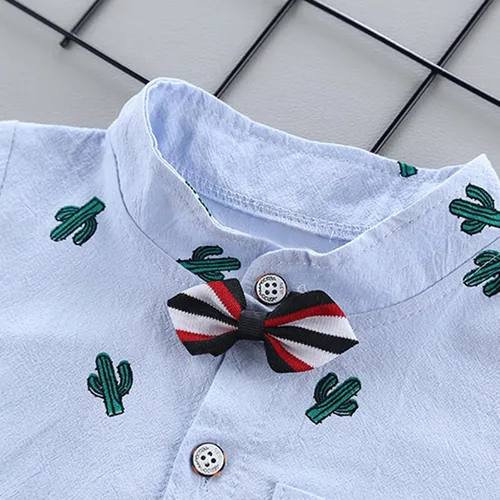Vista 4 de Ropa de bebé niño, conjunto de 2 piezas con estampado de cactus, ropa casual para el verano (celeste, 6-12 meses)