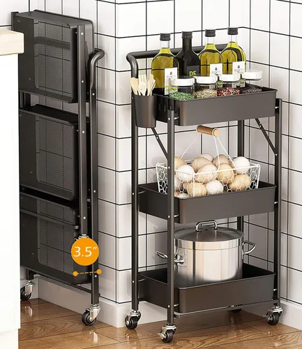 Vista 4 de BEEY Carrito de almacenamiento plegable de metal con ruedas, sin montaje, cesta de mercado de alambre de metal, organizador de almacenamiento Negro