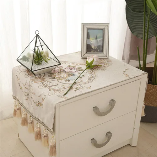 Vista 3 de Mantel de noche de estilo europeo, de jacquard, para tocadores y mesas auxiliares (color beige, borla)