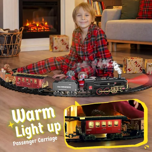 Vista 3 de Set de trenes Hot Bee - Juguetes de trenes de aleación para niños con vagón brillante y silencioso, tren de juguete con humo, luces y sonido, tren