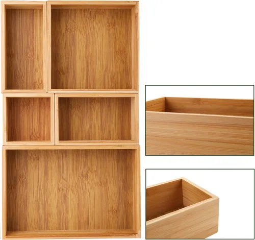 Vista 3 de Lawei Juego de 5 cajas organizadoras de cajones de bambú, kit de caja de almacenamiento de escritorio, contenedores de almacenamiento de cajones