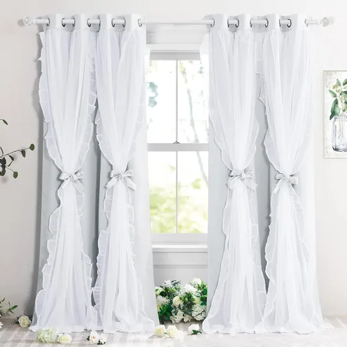 Vista 32 de PONY DANCE Cortinas con Volantes de Doble Capa con Superposición Transparente, Decoración Elegante para Ventanas de Diseño Rústico Francés de Campo