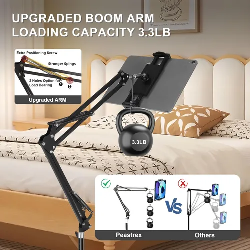 Vista 3 de Soporte de piso para tablet con base estable de 12 libras, soporte para teléfono iPad con brazo elástico de altura ajustable para iPad Pro Air Mini