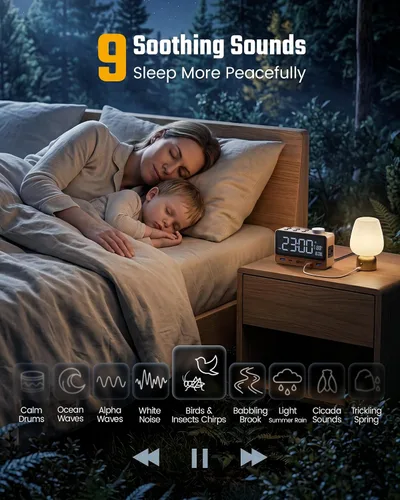 Vista 8 de SUPERDANNY Reloj despertador con PD de 20 W, 4 puertos USB, tira de alimentación de 2 tomas de CA, relojes despertadores digitales para dormitorios