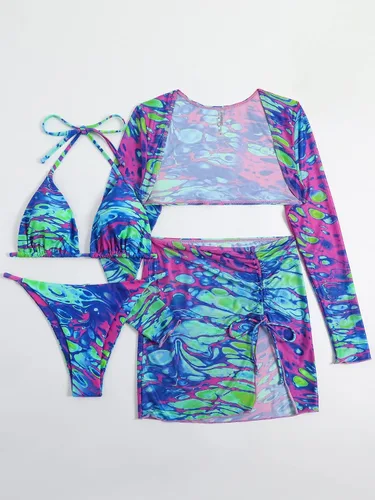 Vista 6 de SHENHE Traje de baño de 4 piezas con estampado cruzado y cuello halter triangular para mujer