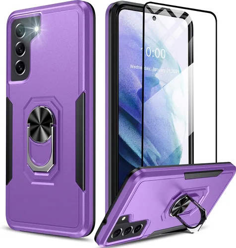 Vista 25 de Oterkin Funda para Samsung Galaxy S21 FE, resistente a prueba de golpes de grado militar con soporte y protector de pantalla de vidrio templado Negro
