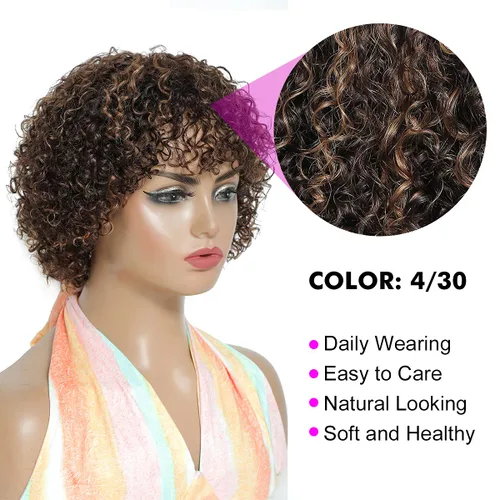 Vista 3 de Peluca de cabello humano rizado estilo Bob para mujeres negras, 150% de densidad, mezcla de castaño caoba, peluca corta sin pegamento por