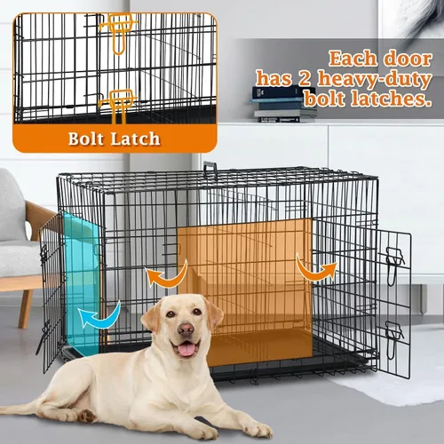 Vista 3 de Jaula para perros extra grande de 48 pulgadas, diseño de doble puerta a prueba de fugas con panel divisor, plegable con bandeja extraíble, uso