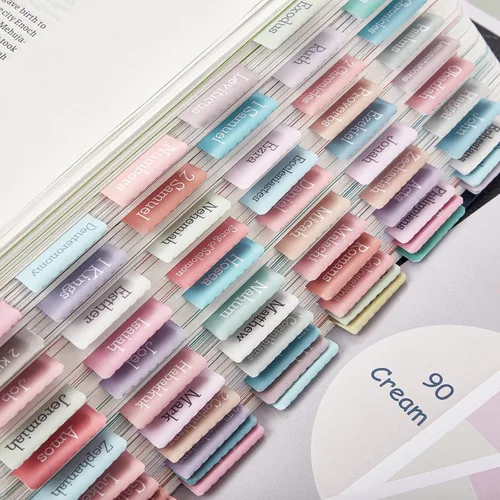 Vista 7 de Pestañas de la Biblia en colores pastel crema, pestañas laminadas de la Biblia para mujeres y niñas, 90 pestañas de la Biblia del Antiguo y Nuevo