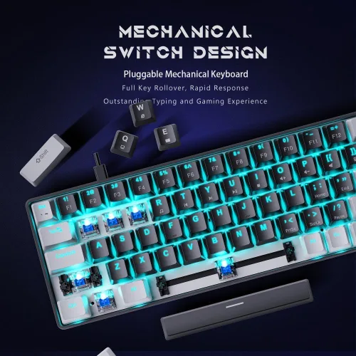 Vista 2 de abucow Teclado mecánico 65% para juegos, teclado compacto con cable con interruptor azul con retroiluminación azul, teclas intercambiables grises