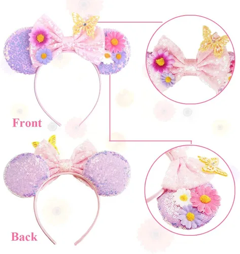 Vista 3 de YOWOCAL Diadema con orejas de ratón y flores de mariposa, lazos de lentejuelas, disfraz de cosplay, orejas de ratón rosadas, para niños, mujeres