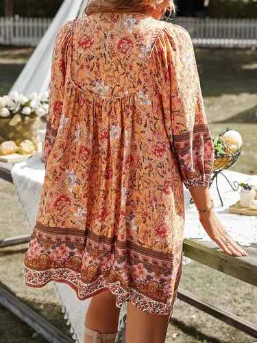 Vista 4 de TEMOFON Mini vestido bohemio para mujer verano floral 34 manga larga cuello en V fluido suelto casual vestidos de playa