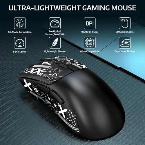 Vista 2 de ATTACK SHARK R1 Ratón inalámbrico para juegos, conexión tri-modo (2.4G/cable/BT5.2), 55g ligero, sensor óptico de 18K DPI, vida útil de teclas HUYU